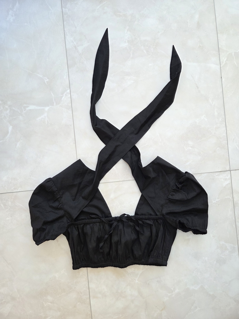 I.AM.GIA Black Puff Sleeve Halter Tie Crop Top